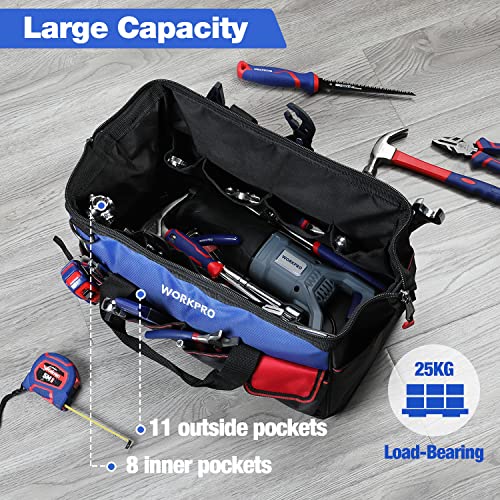 WORKPRO Tool Bag, 18 Inch Tool Bag with Waterproof Molded Base, Open Top Tool Organizer Bag with 20 Pockets, Adjustable Shoulder Strap