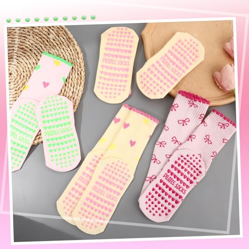 Pilates Socks for Women - Cute Ruffle & Embroidery Grips - Medium Yellow/Pink - 5 Pairs