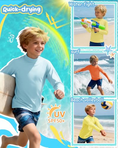 Boys' Long Sleeve Rash Guard Swim Shirts - 3 Pack, Ages 5-6, Orange, Light Yellow, Light Blue