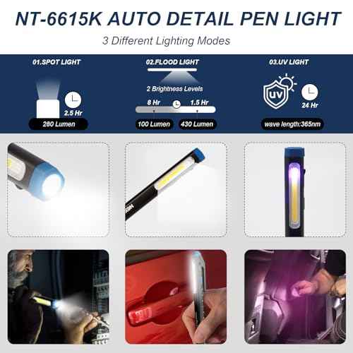 NextLED NT-6615K CRI 95 Auto Detailing Light, Rechargeable Pocket Flashlight, 430 Lumen, 6000K, Magnetic, Spot/Flood/365nm UV Light 3 in 1, for Paint Correction, Swirl Finder, Pro Paint Matching Tool