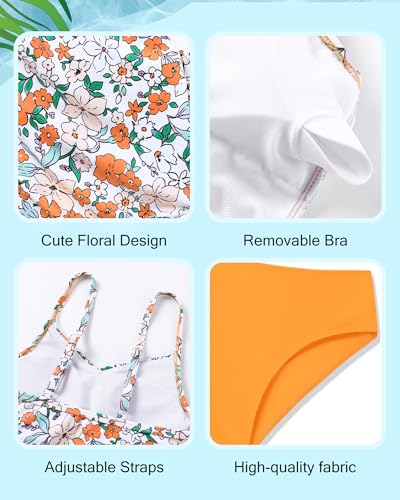 Girls Tankini Swimsuit - Printed Two Piece Bathing Suit with Drawstring, Orange Floral - Age 13-14