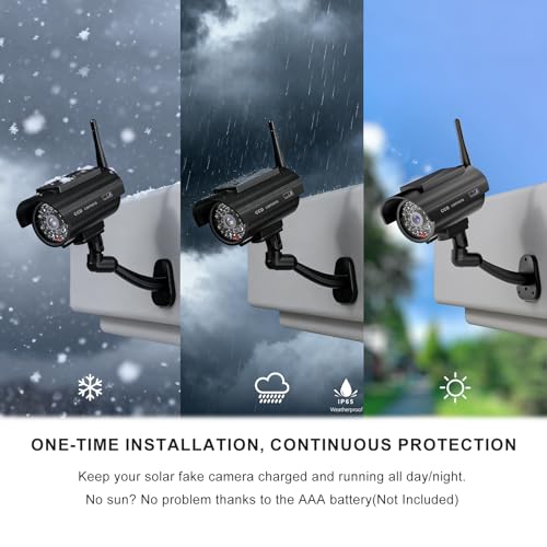 WALI Dummy Fake Camera, Solar Powered Fake Security Camera with LED Light, Simulated Surveillance Security CCTV Dome Cameras with Antenna and Warning Sticker Indoor Outdoor (SOL-TCB2), 2 Packs, Black