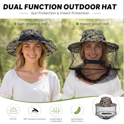 Sucrain Camouflage Mosquito Head Net Hat Sun Hat with Hidden Mesh for Outdoor Gardening & Beekeeping