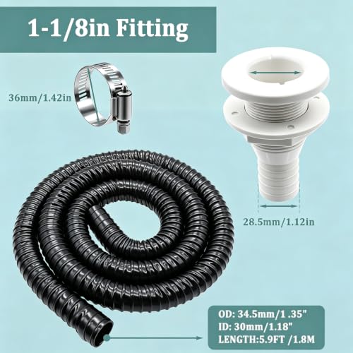 1-1/8 Inch Bilge Pump Hose Dia Plumbing Kit,Bilge Pump Installation Kit-12V 1100GPH Bilge Pumps,6 FT Premium Quality Kink-Free Flexible PVC Hose,1-1/8 Inch ABS Thru-Hull Fitting,2 Hose Clamps