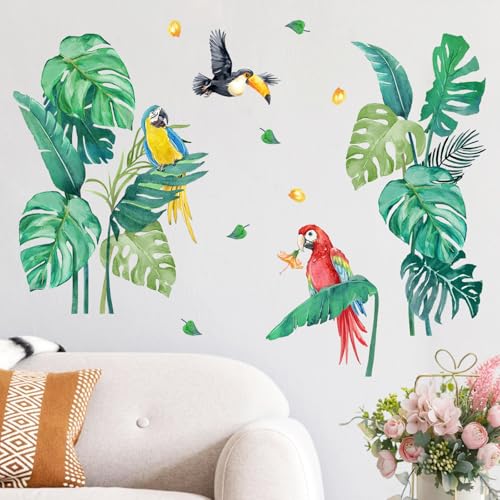 Yovkky Tropical Plant Birds Wall Decals Stickers,Hawaii Palm Leaves Monstera Parrot Toucan Toddlers Baby Nursery Decor,Aloha Greenery Hibiscus Flower Home Decorations Kids Bedroom Playroom Art