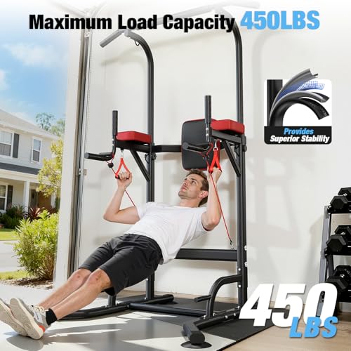 Multi-Function Pull Up Bar Power Tower - Height Adjustable, Black Red