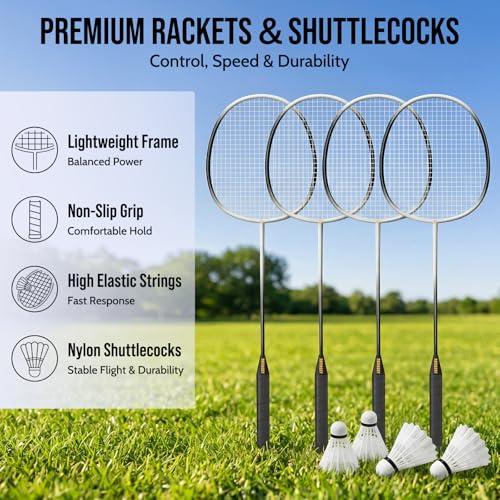 Complete Badminton Set - 4 Rackets, 4 Shuttlecocks & Net - A-Yellow