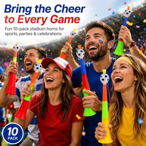 10 Pack Soccer Stadium Horns - Colorful Plastic Noisemakers