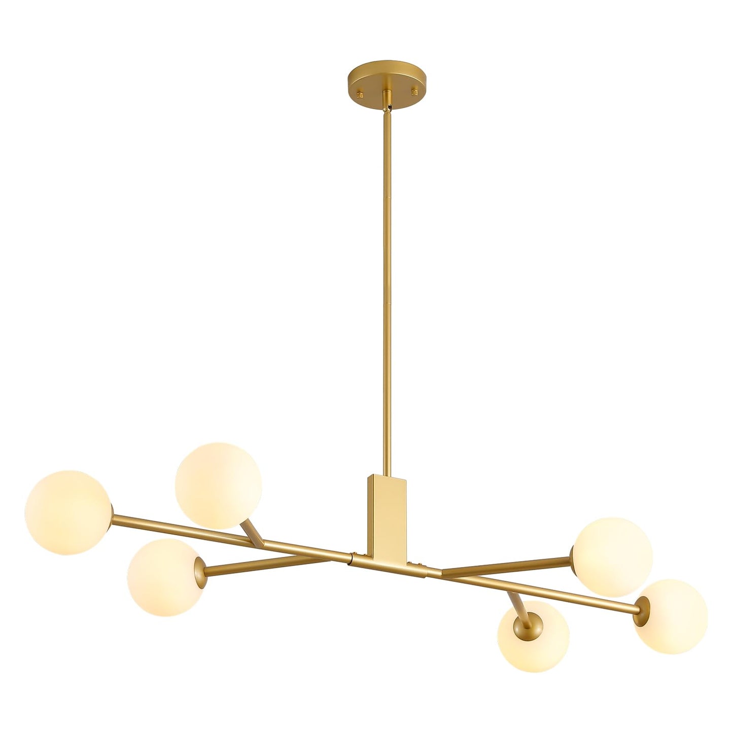 3WWWUEE Modern Gold Sputnik Island Light, 6-Light Glass Linear Chandelier for Dining Room, 46'' Ceiling Pendant Light Fixture with Globe Lampshade, Large Hanging Lamp Over Table, Bar, G9 Base