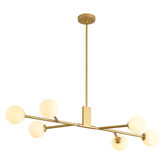3WWWUEE Modern Gold Sputnik Island Light, 6-Light Glass Linear Chandelier for Dining Room, 46'' Ceiling Pendant Light Fixture with Globe Lampshade, Large Hanging Lamp Over Table, Bar, G9 Base