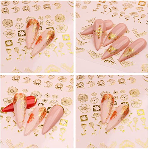 3D Floral Nail Art Stickers - Gold Flower & Lace Leaf Decals, 12 Styles
