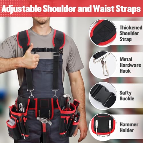 Tool Belt, Professional Tool Belts with Suspenders, Magnetic Tool Pouch for Men, Heavy Duty Detachable Adjustable Work Belt for Electrician, Carpenter, Construction
