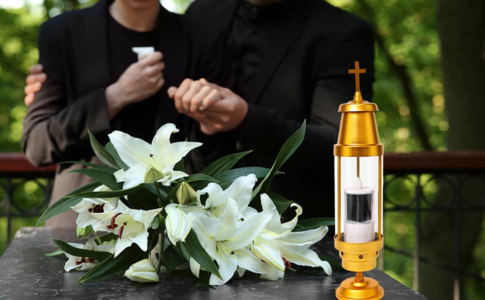 OURMEMO Cemetery Solar Lights for Grave,Includes 2.5" x6.5'' Grave Candles,4" x34''Cemetery Memorial Light Candle Holder,Standard Spike and Base,Perfect Addition to Headstone (Latin Cross Classic)