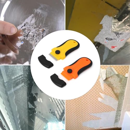 2PACK Locking Razor Blade Scraper with Safety Cap Glass Cooktop Scraper with Extra 10 Plastic Razor Blades and 10 Metal Blades for Glass Clean Paint and Old Label Decal Sticker Remover