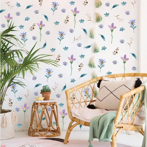 100Pcs Boho Colorful Flower Wall Decals, Watercolor Wildflower Wall Stickers, Peel and Stick Removable DIY Boho Watercolor Floral Wall Decor for Bedroom Living Room Nursery Window Decoration