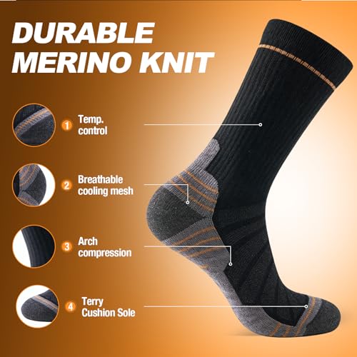 Merino Wool Hiking Socks - Lightweight Breathable Cushioned Crew Socks - Medium / Black & Grey
