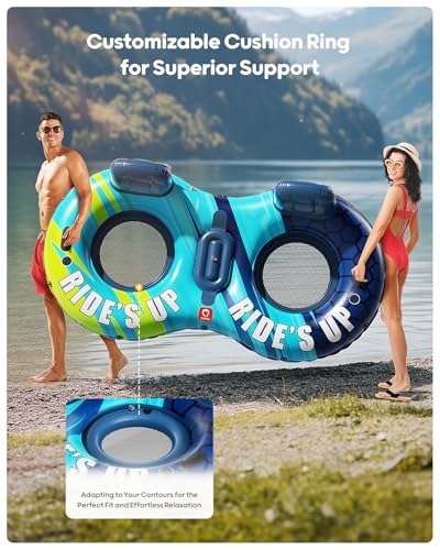 QPAU Dark Blue Inflatable Double River Tube 2 Person 660lb Capacity Heavy Duty