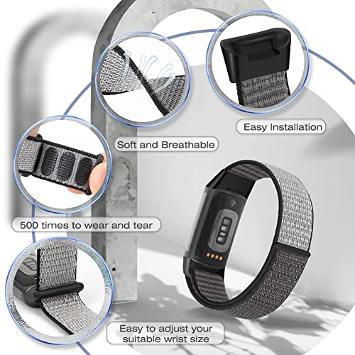 Adjustable Nylon Watch Bands for Fitbit Charge 6/5 - Dark Black, Olive Green, Iron Grey