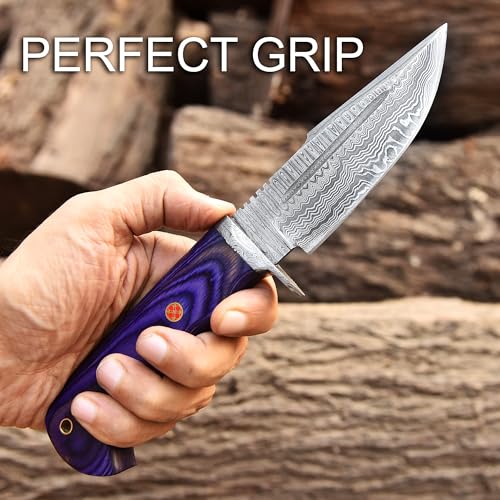 Damascus Hunting Bowie Knife with Leather Sheath - Outdoor Fixed Blade Knife for Camping & Skinning