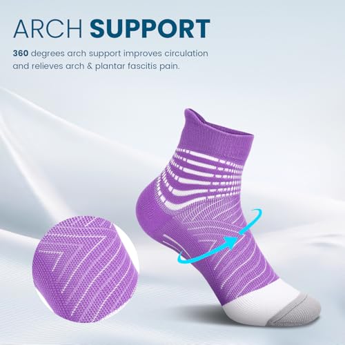 Compression Ankle Support Socks for Women - Wicking, Cushioned, 3 Pack in Pink, Purple & Light Blue