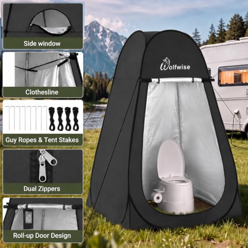 WolfWise Pop Up Shower Tent for Camping, Compact & Lightweight, Silver-Black, 6'3" Height