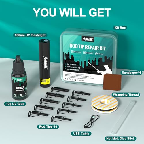 Fishing Rod Tip Repair Kit with 10 Replacement Eyelets & UV Glue
