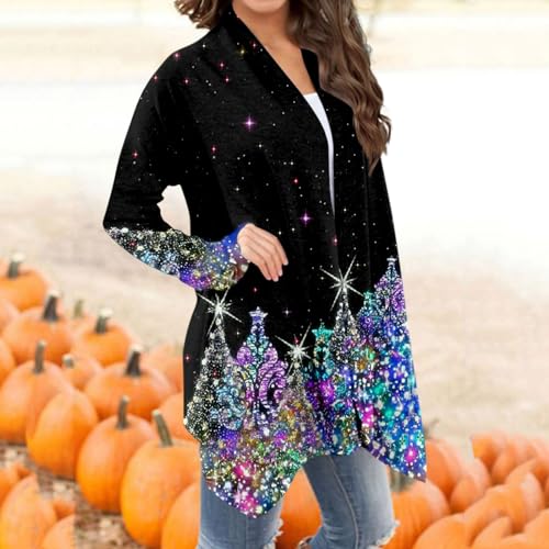 Plus Size Ugly Christmas Cardigan for Women - Long Sleeve, Open Front, Black, XX-Large