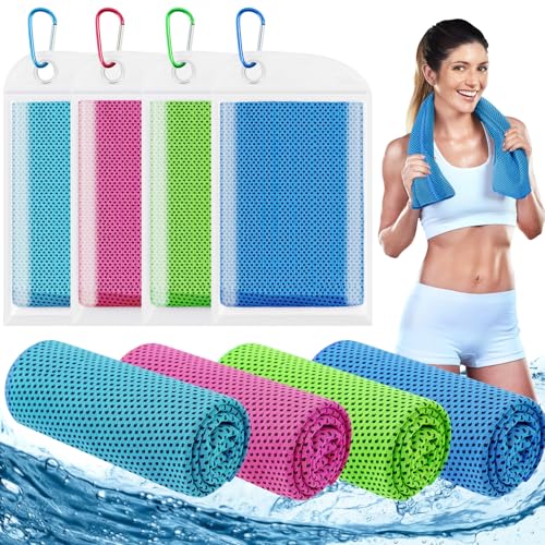 Cooling Towels 4 Pack - Light Blue, Dark Blue, Rose Red, Green - Soft Microfiber for Gym, Yoga, Running & Sports