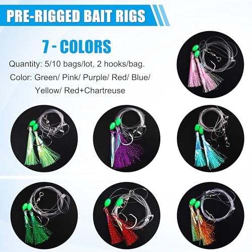 FUSIGO 5-Pack Saltwater Fishing Bait Rigs with Glow-in-Dark Fish Skin & Monofilament Leader