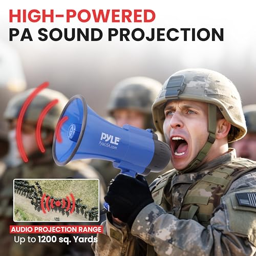 Pyle Blue Compact 30W Battery Megaphone with Siren, 1200 Yards Range, Foldable Handle