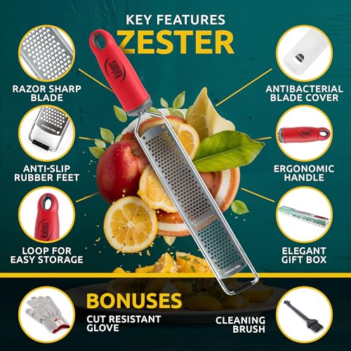 Premium Citrus Zester & Cheese Grater with Cleaning Brush & Glove