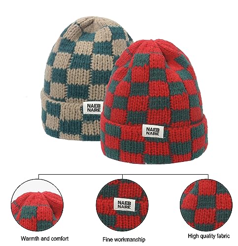 Checkerboard Knit Beanie Hat for Women - Stretch Winter Cap - Green