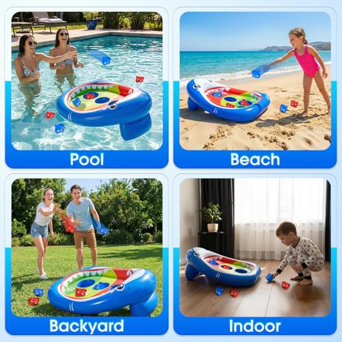 AURASUN Inflatable Shark Cornhole Pool Game for Kids & Adults - Floating Water Toss Game