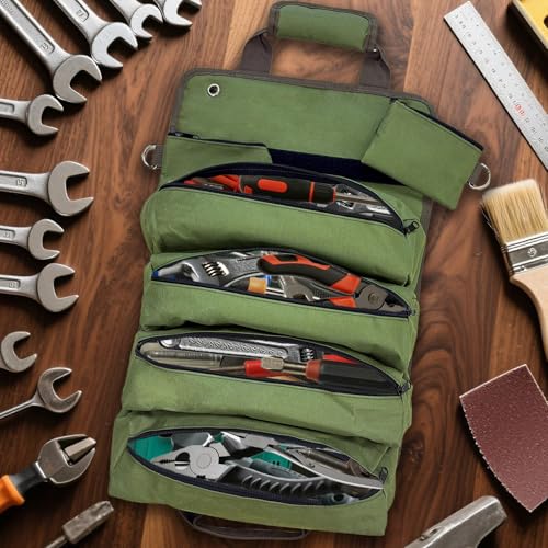 Roll Up Tool Bag Organizer, 11 Pockets Heavy Duty Storage Tool Bag Pouch Organization Portable Foldable Detachable Gifts for Men, Mechanic, Electrician, Craftsman, with 2 Small Pouches, Green (Green)