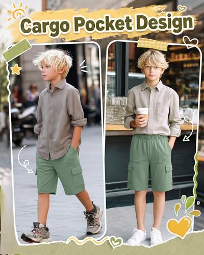 Boys Cargo Shorts - Comfortable Polyester Spandex - 10-11 Years Gray Green