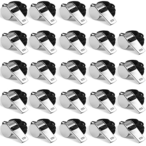 24 Pack Professional Stainless Steel Whistles with Lanyards - Loud & Durable