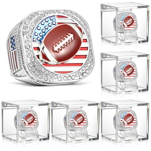 Championship Ring Display Set - 6 Rings with Case - Silver Football