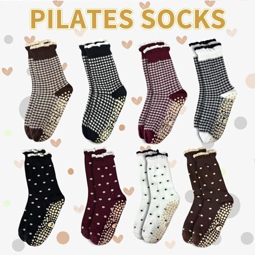 Non-Slip Polka Dot Yoga Socks for Women - Ruffle Crew Style, One Size / Black Dots & Grids