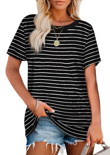 Jescakoo Womens Tops Summer Short Sleeve Ribbed Trim Crewneck T