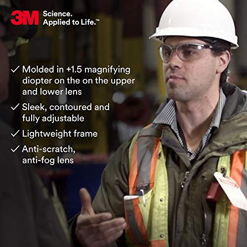 3M Safety Glasses, BX Dual Readers, +1.5, ANSI Z87, Anti-Fog Clear Lens, Gray/Black Frame, Adjustable Length Temples and Lens Angle