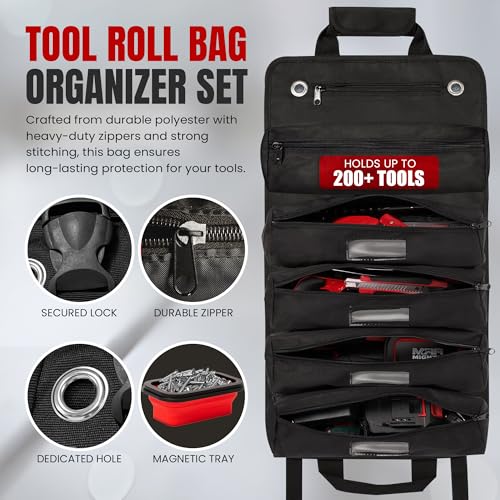 Tool Roll Bag Organizer with Magnetic Plate ? Heavy Duty Polyester, Ideal Gifts For Men, Portable Tool Roll Up Bag with 5 Large Pouches & 4 Tool Strap ? Black (26 Inches)