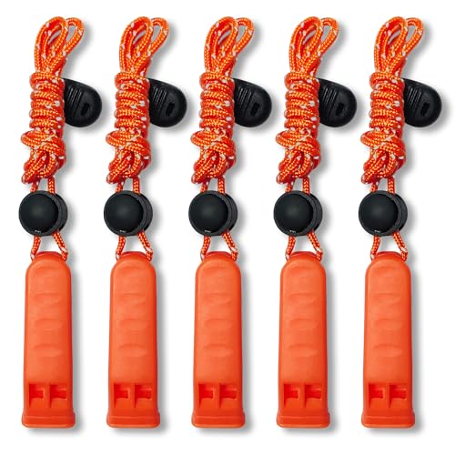 Emergency Survival Whistle with Reflective Lanyard - 120dB, 5 Pack - Orange