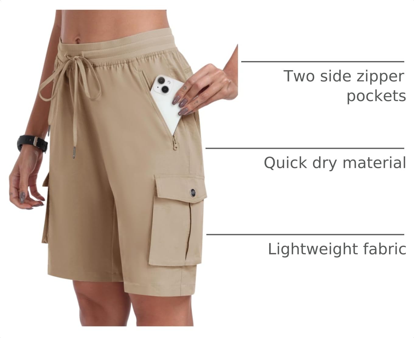 MoFiz Women's Hiking Long Shorts 10" Quick Dry Summer Cargo Shorts for Women Lightweight Knee Length Athletic Shorts with Pockets Khaki M