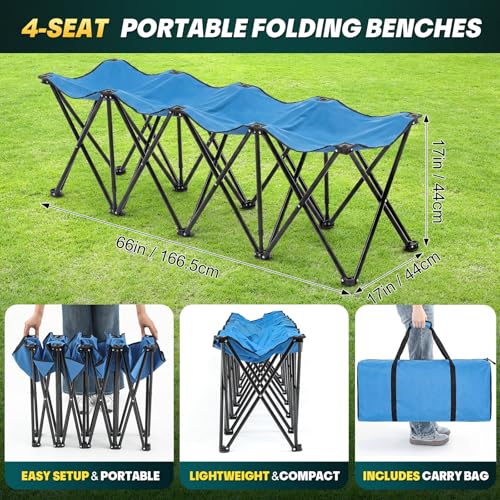 4-Seat Blue Folding Soccer Team Bench - Portable Sideline Chair