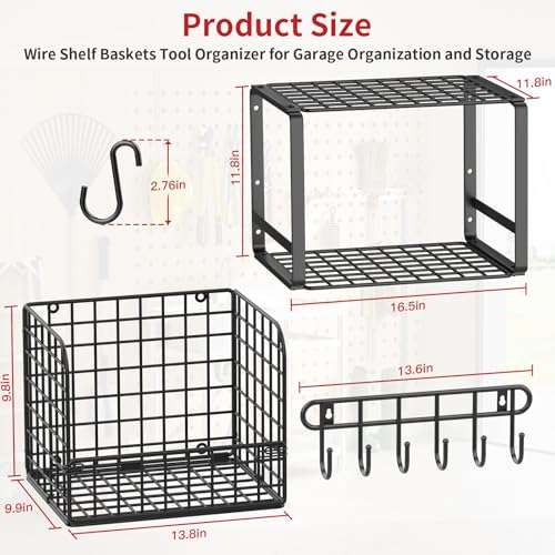 TomCare 2 Pack Garage Shelving Heavy Duty Garage Storage Shelves with Wire Baskets Laundry Room Shelves Wall Mounted shelving Tool Organizer for Shed Garden Kitchen Organization and Storage