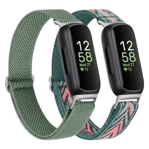 Vancle 2 Pack Breathable Elastic Fitbit Inspire 3 Wristbands - Green Arrow & Pine Green
