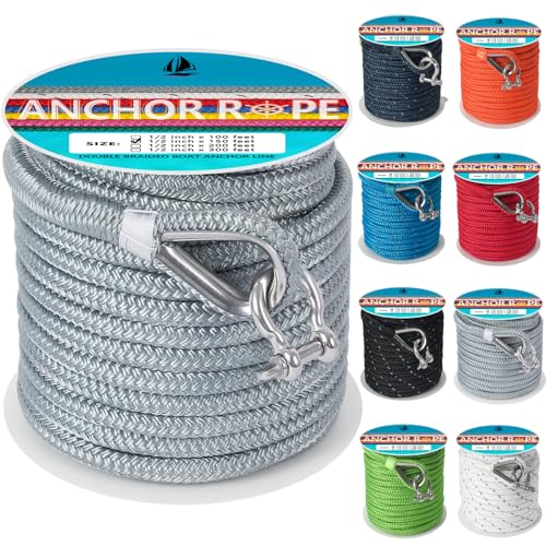 DEDU Gray 1/2 Inch x 150 FT Double Braided Marine Anchor Rope with Stainless Steel Thimble & Shackle - Ideal for Towing & Mooring, Boats Up to 35'