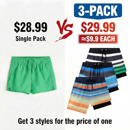 Todbiccz Boys 3-Pack Swim Trunks with Compression Liner - Stripe Navy/Orange/Black Aqua/Green, Size 14-16