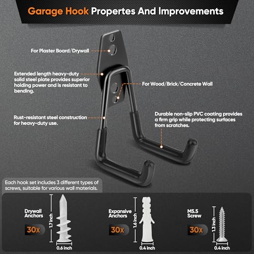 Nacial 16 Pack Garage Hooks Heavy Duty, Utility Steel Garage Storage Hook with 2 Storage Straps, Utility Garage Wall Mount Hooks for Hanging Bike, Ladder and Garden Tools, Perfect for Father Day Gifts