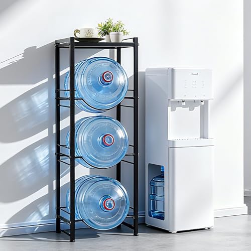 5 Gallon Water Jug Holder, Water Bottle Holder with Top Shelves, 4-Tier Water Jug Rack Water Jug Stand Heavy Duty Water Bottle Storage Rack Dispenser Stand Organizer for Kitchen,Office, Black